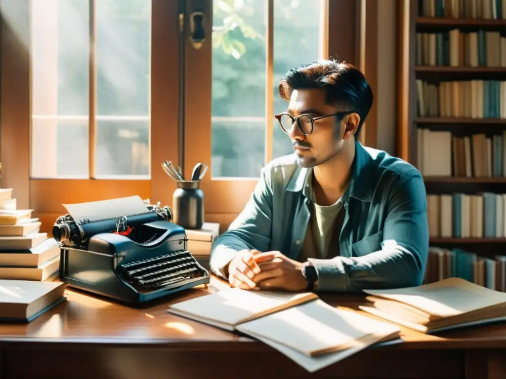 Retrato en acuarela de un poeta contemporáneo en su estudio, rodeado de libros y papeles, sumergido en la contemplación y la búsqueda de un viaje del poeta inspiración libro impreso