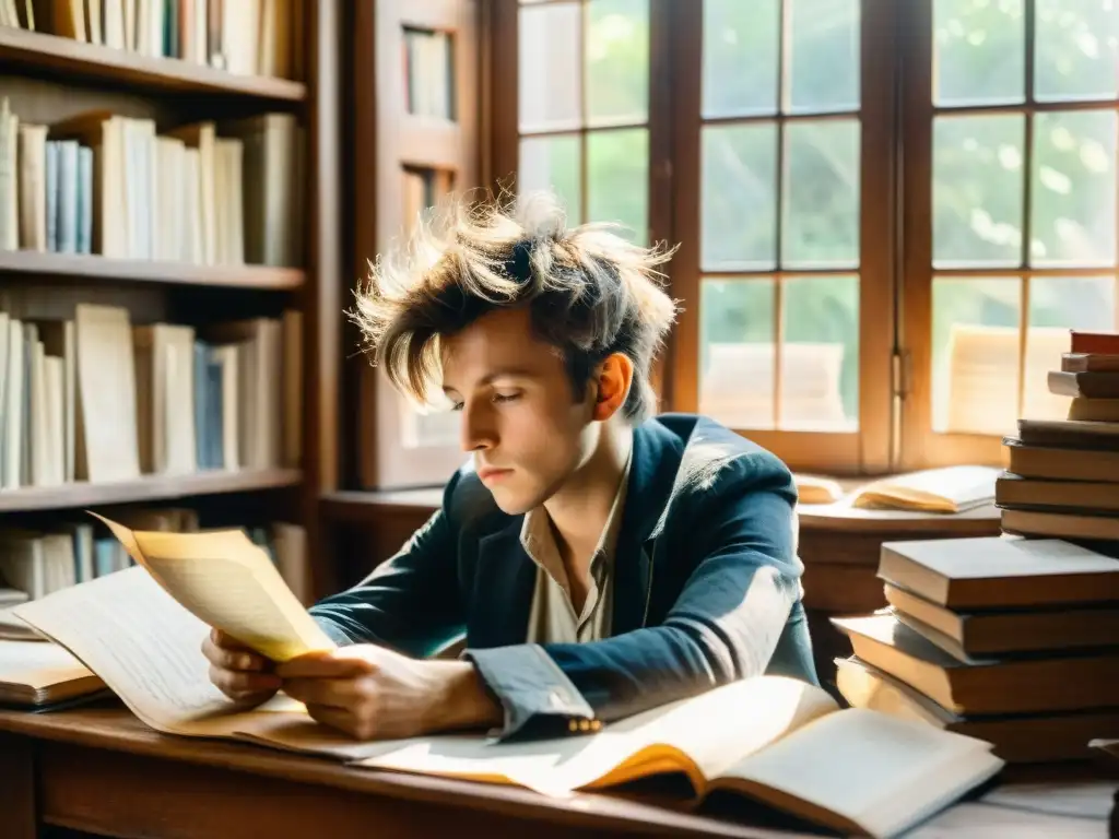 Retrato en acuarela de Arthur Rimbaud, poeta francés, inmerso en su mundo creativo rodeado de libros y papeles, iluminado por la cálida luz del sol