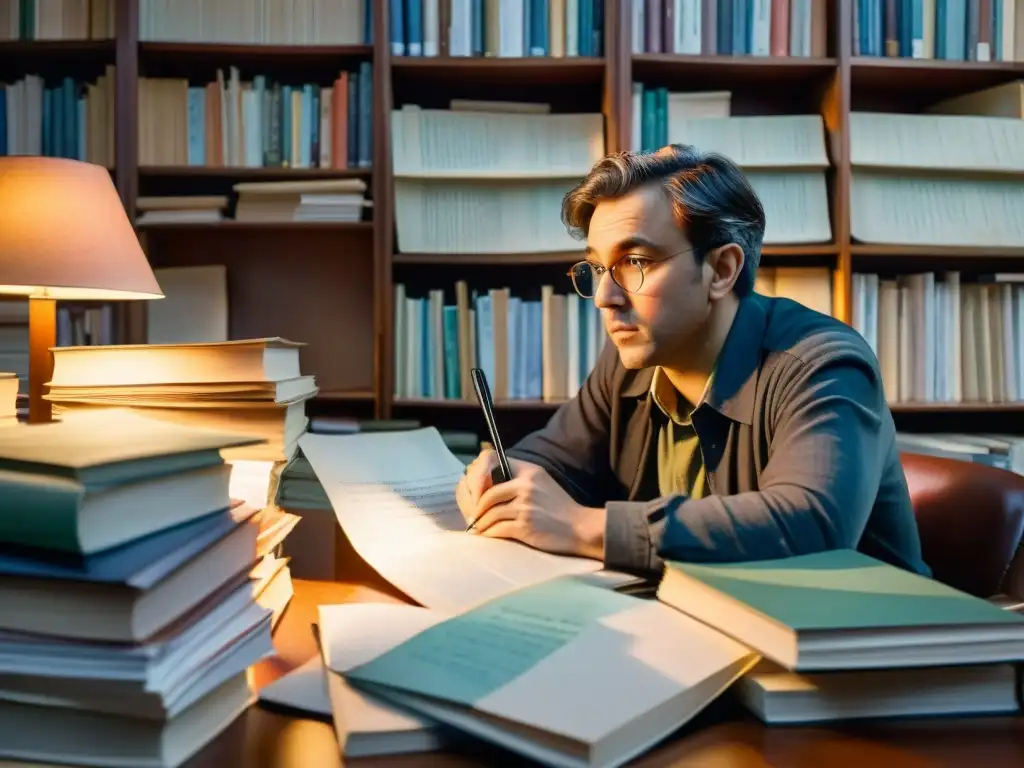 Retrato de poeta: Intensa concentración en acuarela Retrato en acuarela de un poeta inmerso en sus exploraciones poesía experimental épocas culturas, rodeado de libros y papeles, bañado en luz suave
