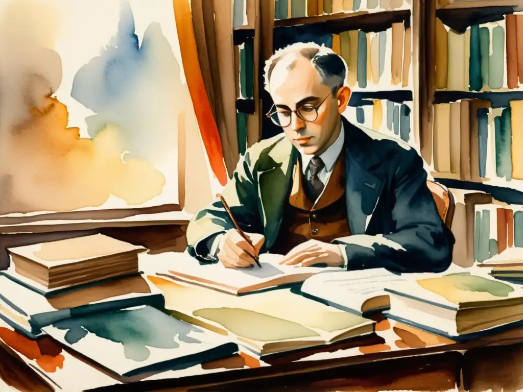 Retrato en acuarela del poeta Osip Mandelstam en su escritorio, rodeado de libros y papeles