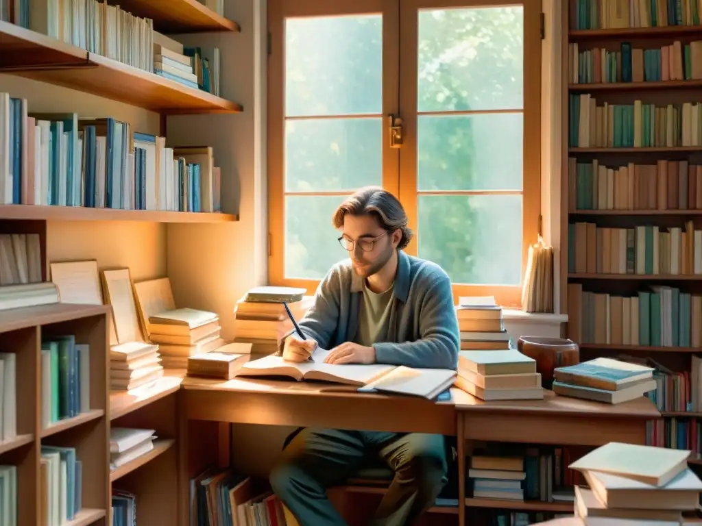 Retrato en acuarela de un poeta rodeado de libros y escritura, iluminado por la cálida luz del sol