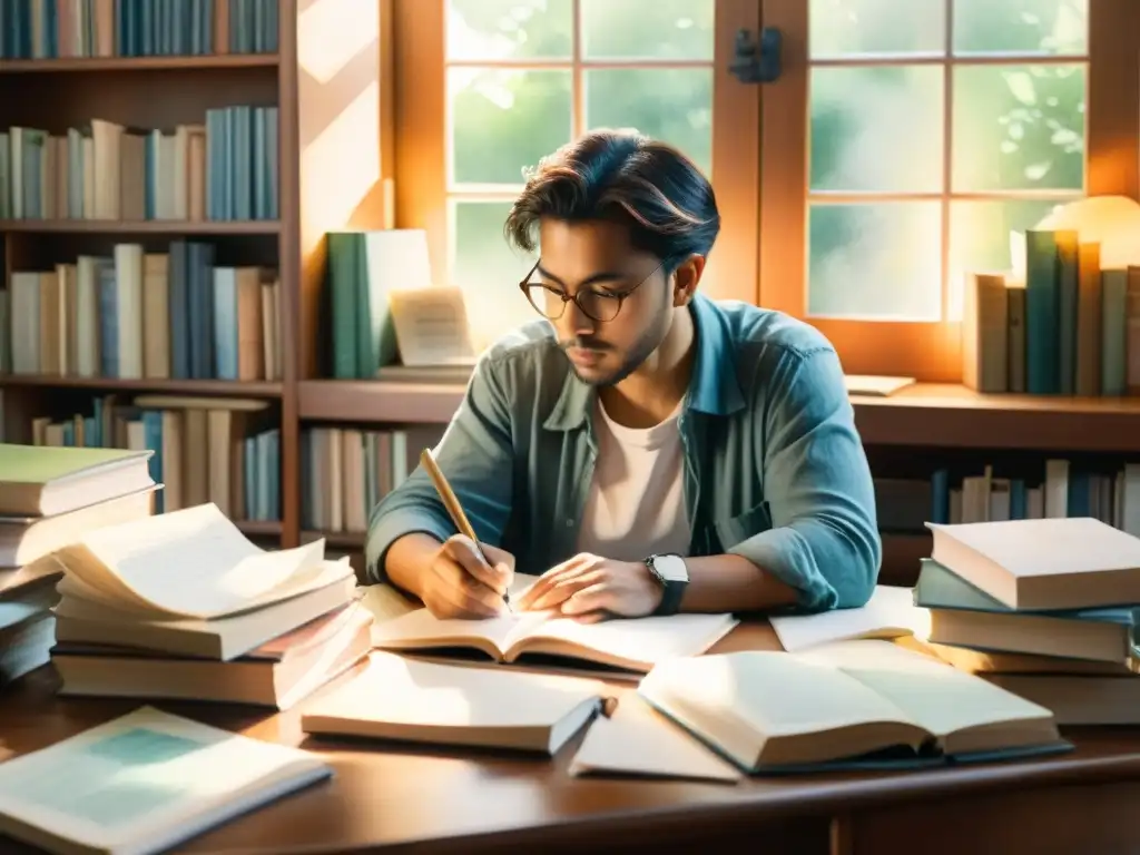 Retrato en acuarela de un poeta rodeado de libros, escribiendo en su diario bajo la cálida luz del sol