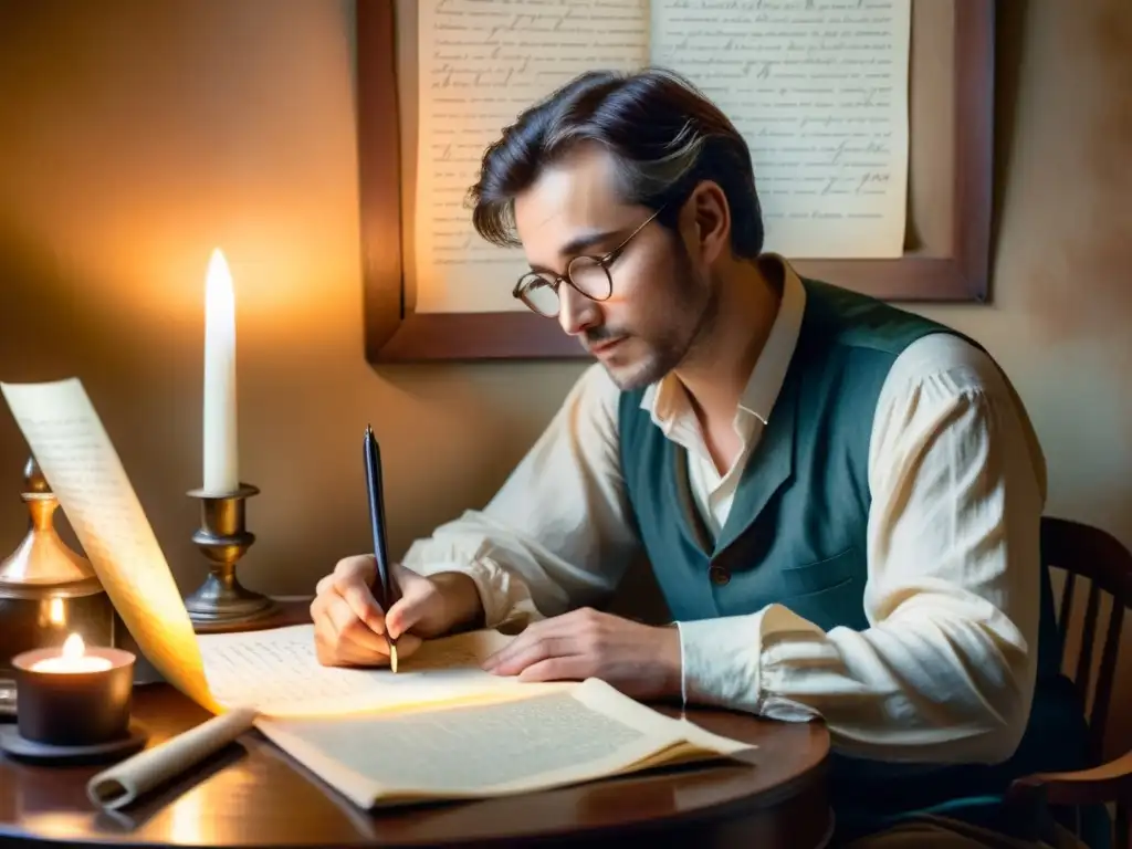 Retrato en acuarela de un poeta romántico en su escritorio, rodeado de luz de velas y poemas escritos a mano