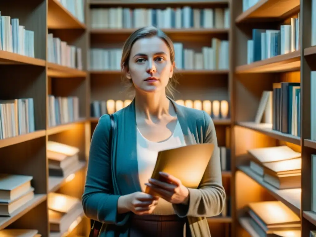 Retrato en acuarela de Anna Swirszczynska, poetisa polaca, con expresión determinada, rodeada de libros en una habitación tenue