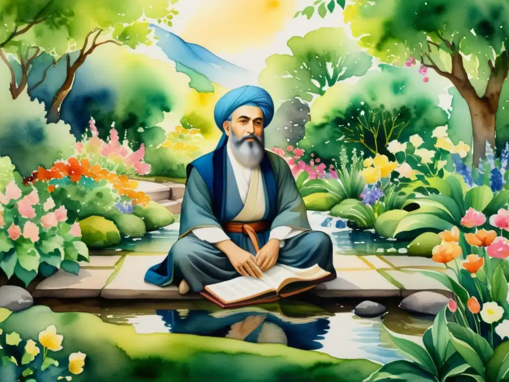 Retrato en acuarela de Rumi en un jardín exuberante, emanando sabiduría y tranquilidad, creando un viaje místico poesía persa