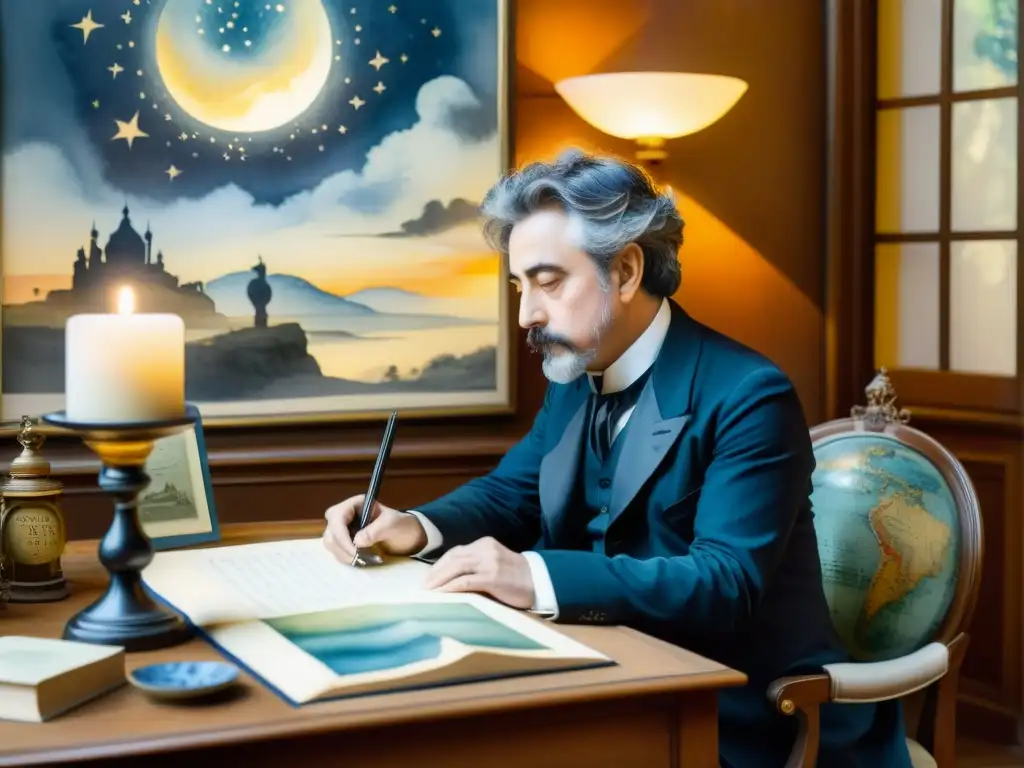 Retrato acuarela de Stéphane Mallarmé inmerso en símbolos etéreos, reflejando su legado poético