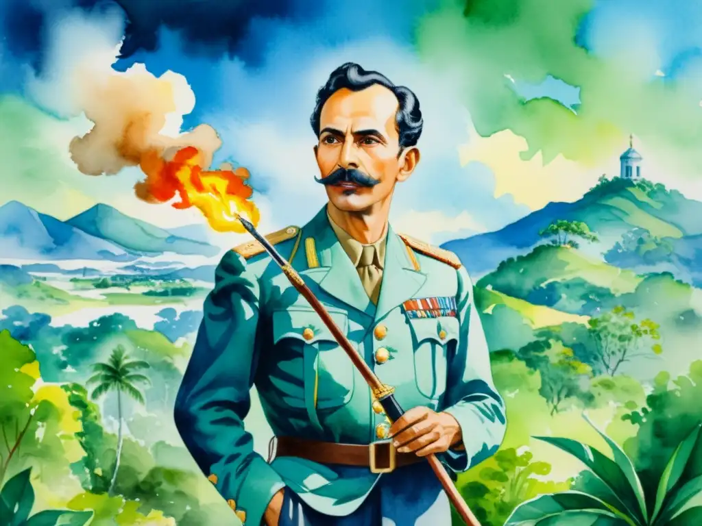 Retrato acuarela de José Martí, poeta independencia América, con pluma y antorcha, rodeado de naturaleza exuberante y cielos vibrantes