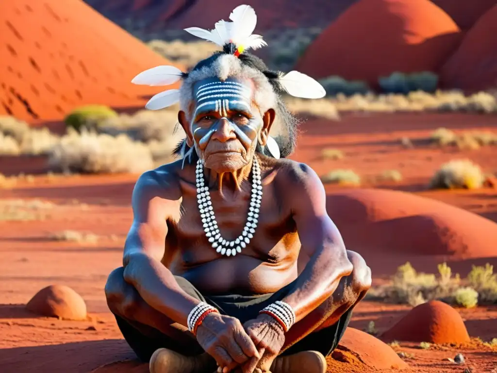 Sabiduría ancestral: retrato en acuarela de un anciano aborigen australiano Retrato de un anciano aborigen australiano en la tierra roja, con colores vibrantes y poesía indígena australiana tiempo sueño