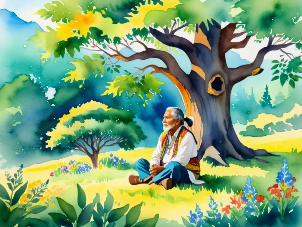 Retrato de un anciano indígena recitando poesía bajo un árbol, rodeado de naturaleza exuberante