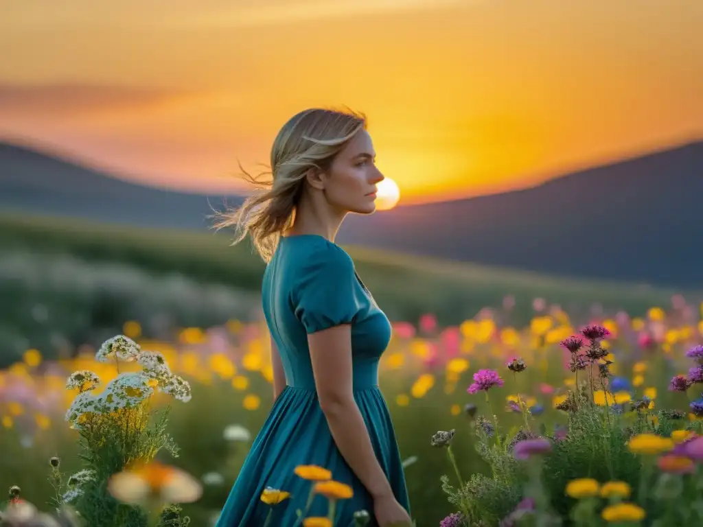 Un retrato conmovedor de una figura solitaria entre un campo de flores silvestres, bañada por la cálida luz dorada del atardecer