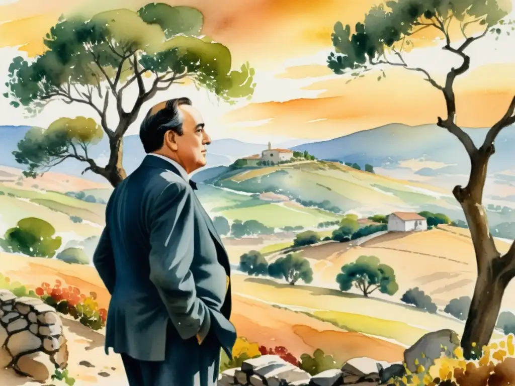 Retrato detallado en acuarela de Antonio Machado en el campo español, reflejando la poesía profunda y reflexiva de España