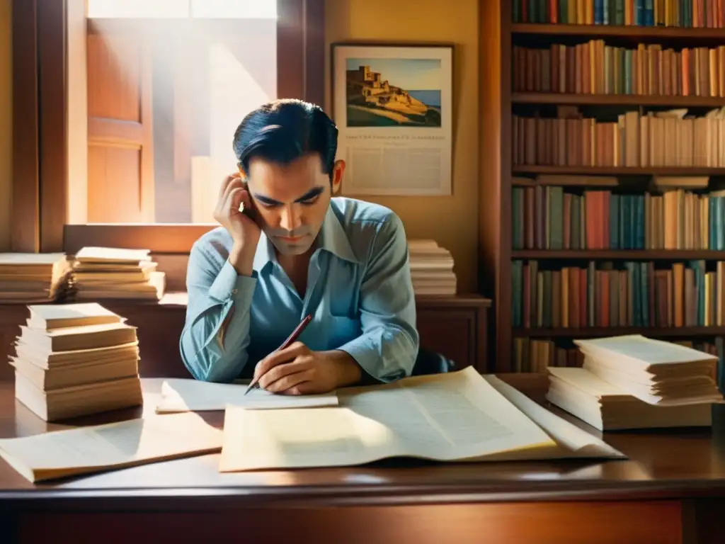 Retrato detallado en acuarela de Federico García Lorca en su escritorio, inspirando riqueza poética y cultura en el mundo