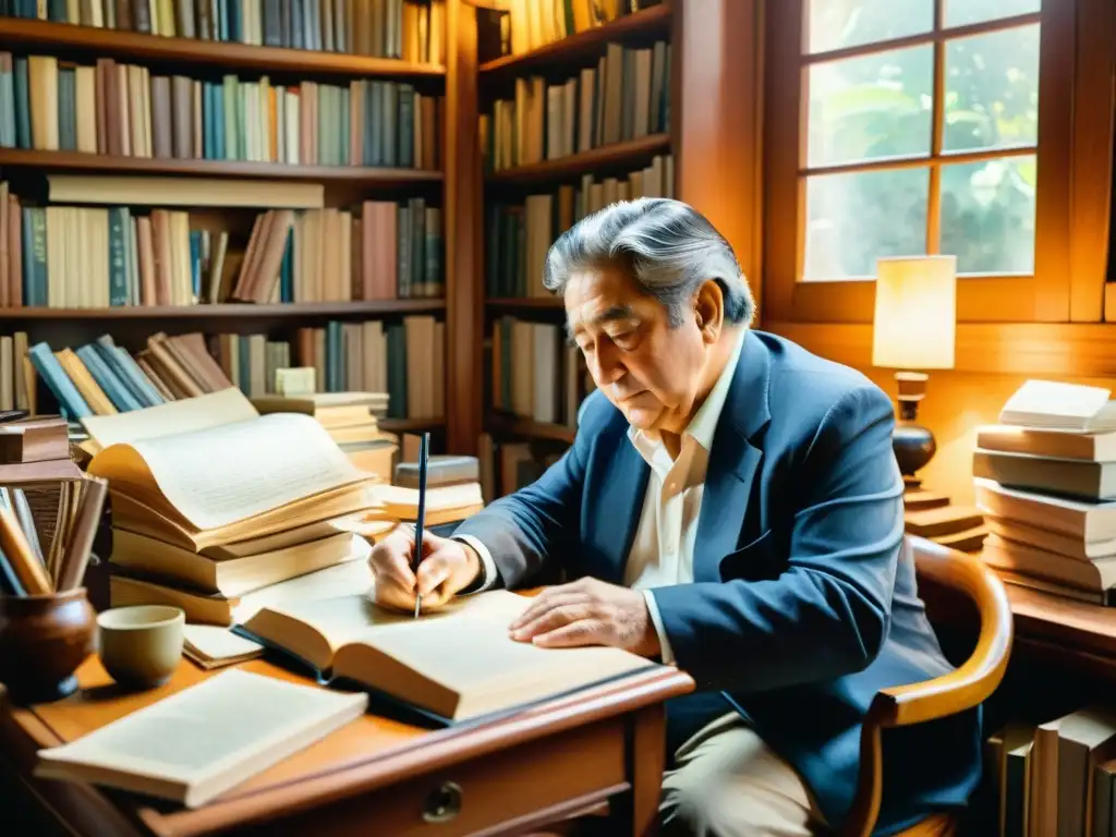 Retrato detallado en acuarela de Octavio Paz en su estudio, rodeado de libros y papeles