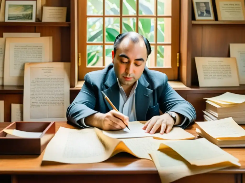 Retrato detallado en acuarela de Pablo Neruda escribiendo Poema 20, iluminado por luz natural