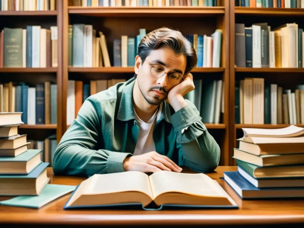 Retrato detallado en acuarela de un poeta moderno, rodeado de libros y utensilios de escritura, reflejando un ambiente sereno y contemplativo