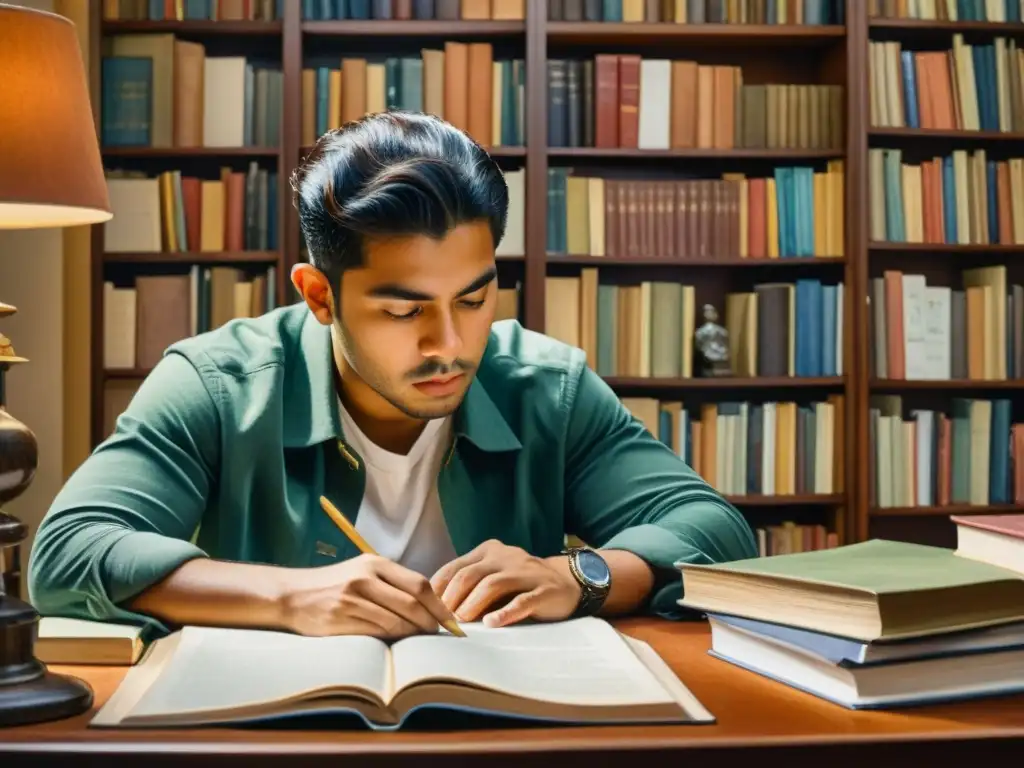 Retrato detallado en acuarela de Manuel Acuña, poeta romántico de México, rodeado de libros y papeles, con expresión contemplativa