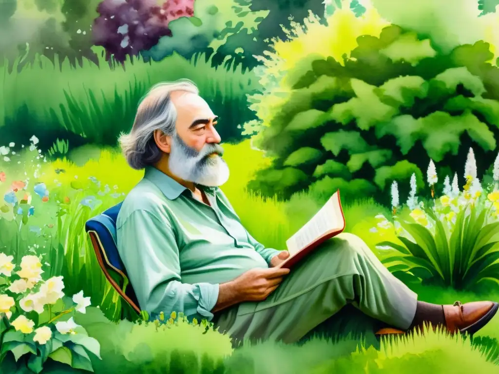 Retrato detallado en acuarela de Walt Whitman en jardín verde, rodeado de flores