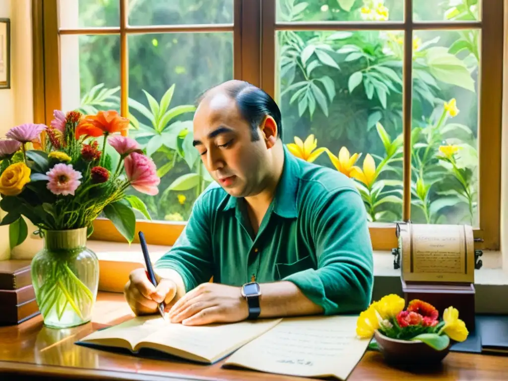 Retrato detallado de Pablo Neruda joven, rodeado de flores y naturaleza, con las palabras de 'Poema 20' en el aire