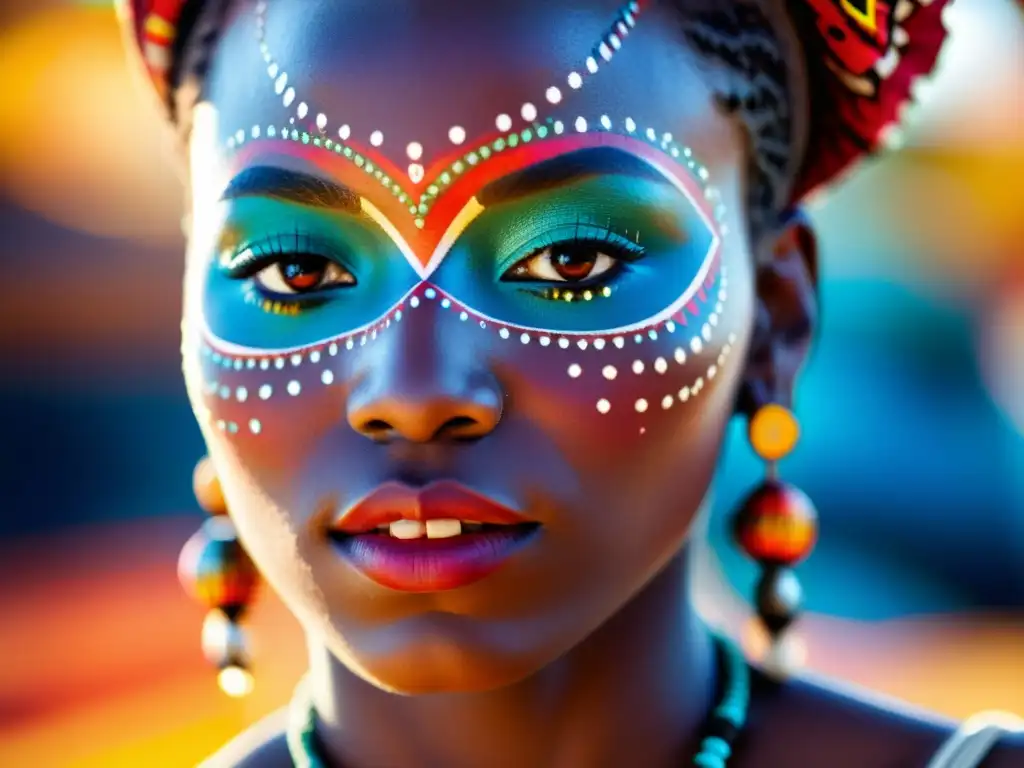 Retrato detallado de una mujer africana con maquillaje tribal y joyas, reflejando orgullo y resistencia