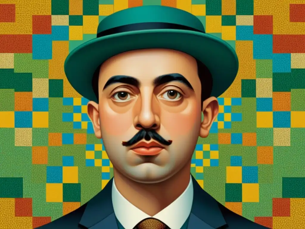 El retrato digital detallado de Fernando Pessoa muestra un mosaico de sus heterónimos, reflejando su complejo mundo interior