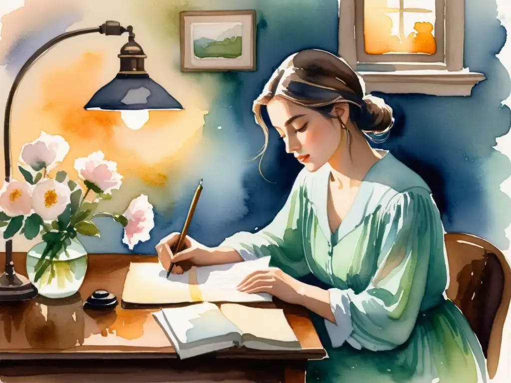 Retrato etéreo de un poeta inmerso en la escritura creativa entre flores, iluminado por una cálida lámpara