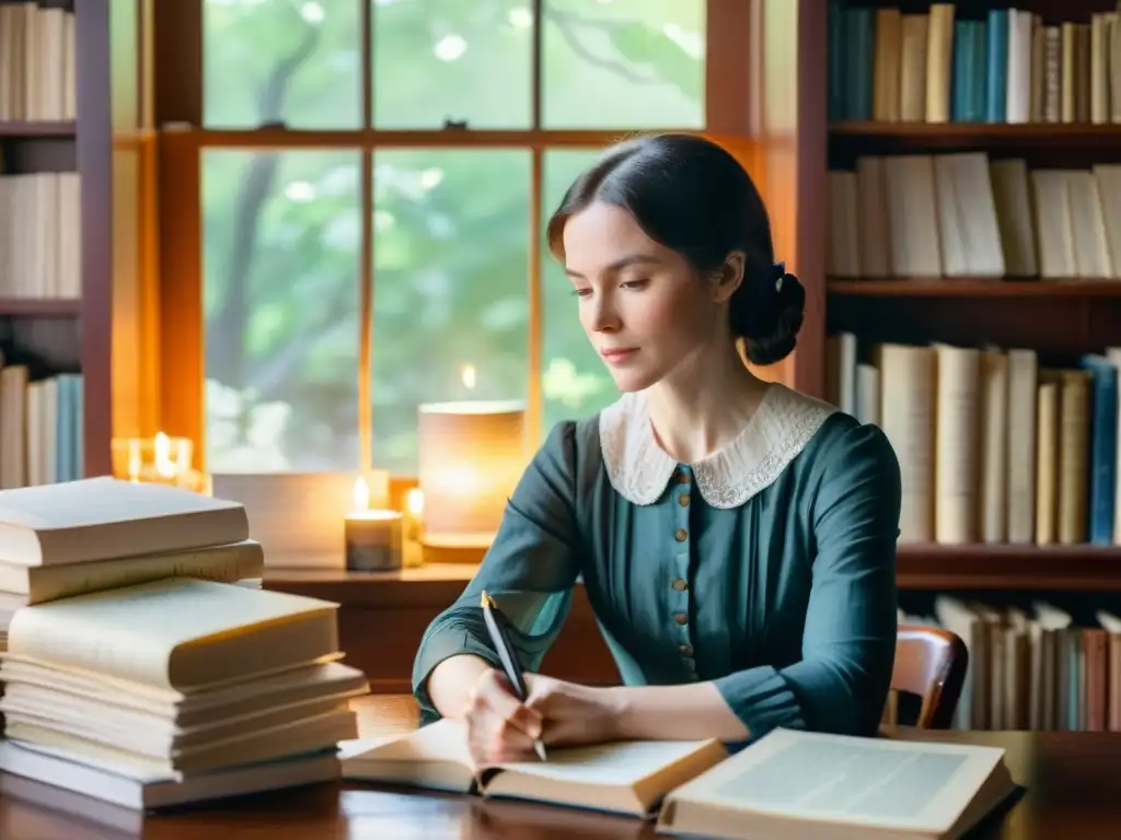 Retrato acuarela de Emily Dickinson poesía inmortal, rodeada de libros y escritura elegante, bañada en luz natural