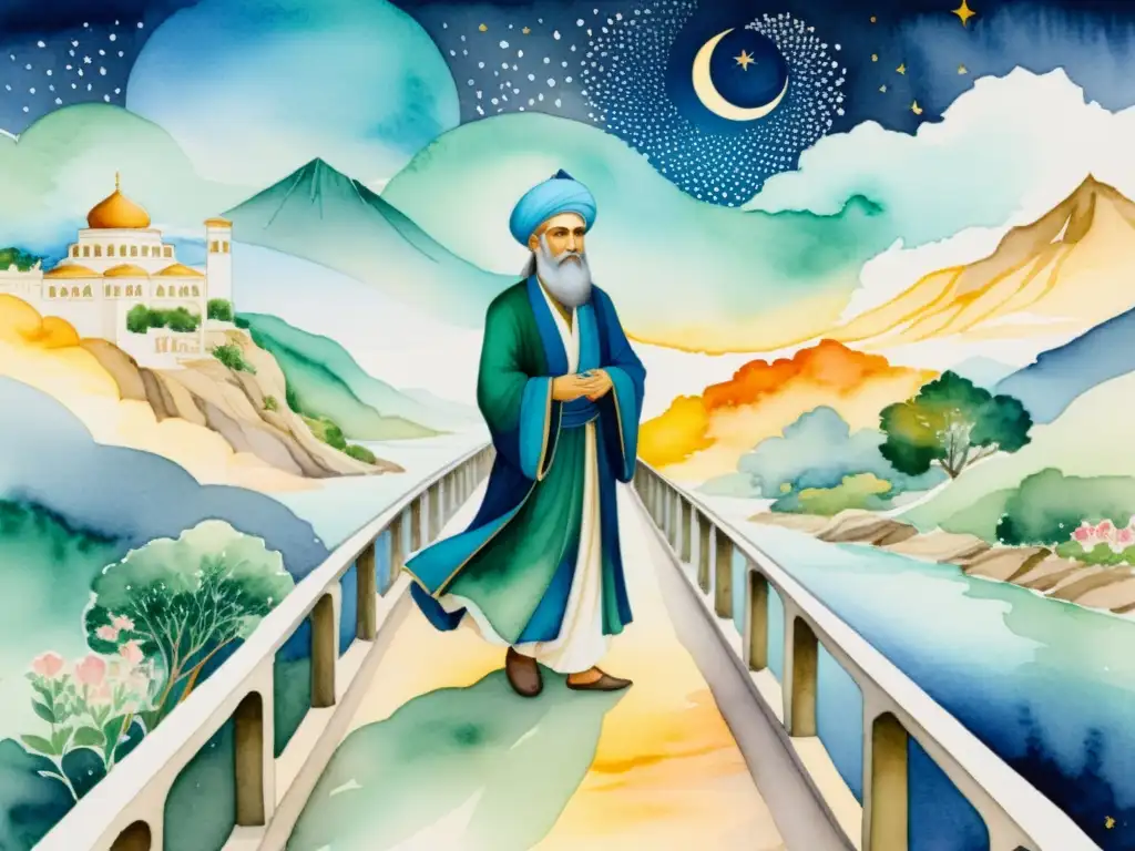 Retrato acuarela de Rumi, poeta persa, en puente que une Oriente y Occidente, simbolizando la armonía entre culturas