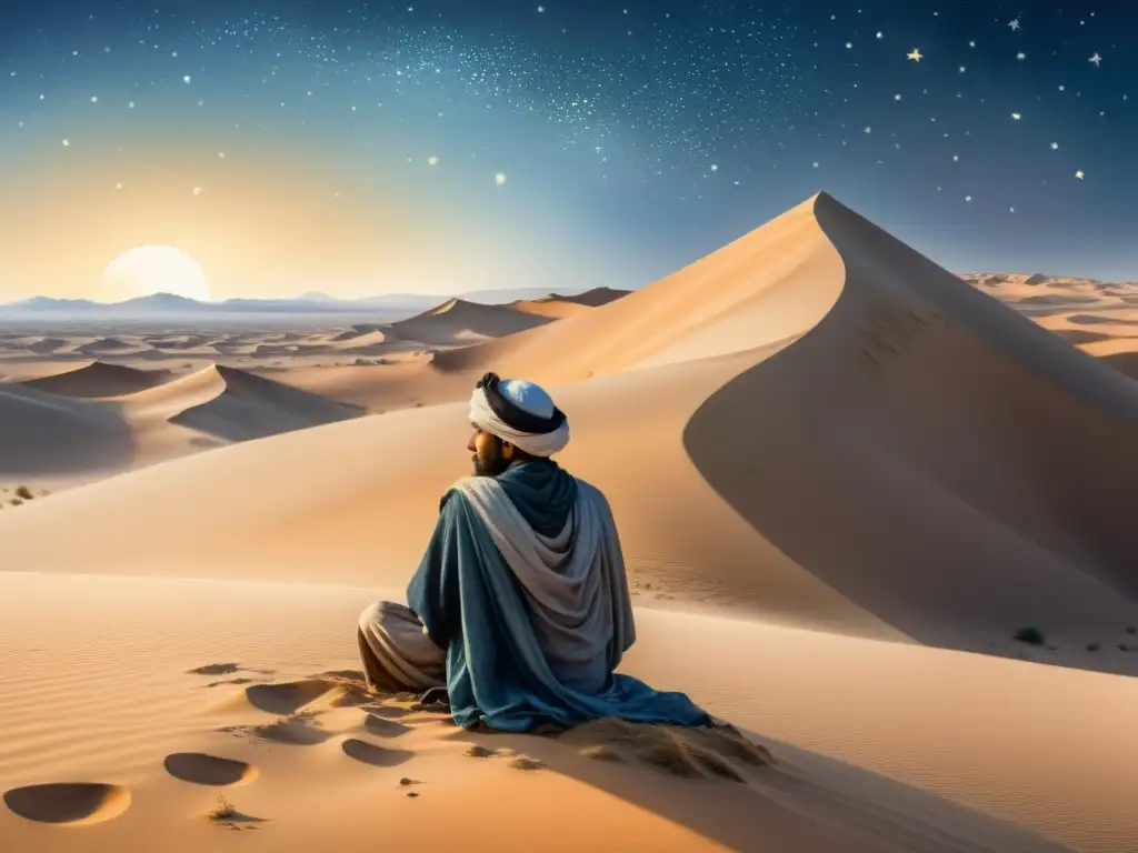 Retrato acuarela de poesía beduina en el desierto: un poeta solitario en las dunas, componiendo versos bajo el cielo estrellado