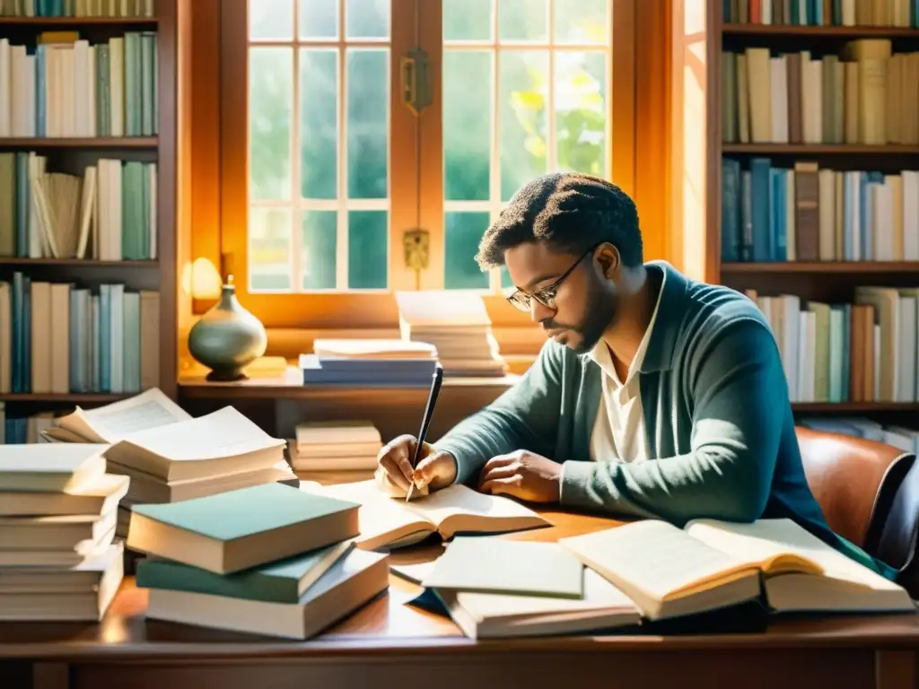 Retrato de un poeta en su escritorio, rodeado de libros y papeles, sumergido en su proceso creativo