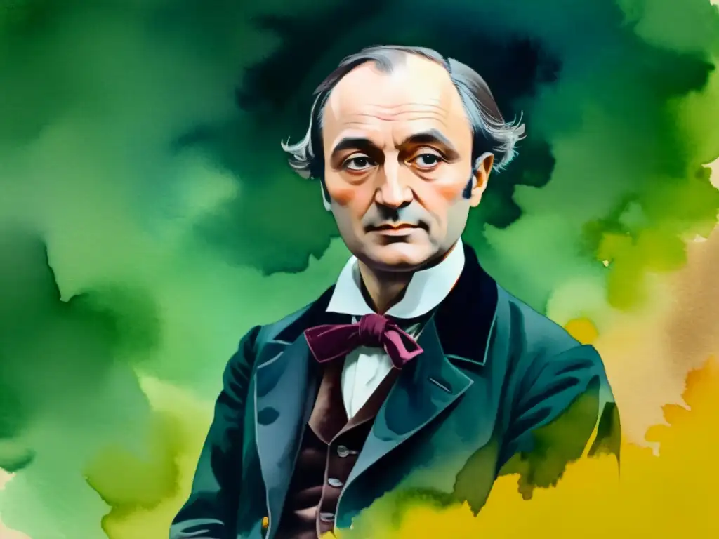 Retrato acuarela de Charles Baudelaire, poeta maldito, con intensidad y misterio en sus ojos y colores vibrantes