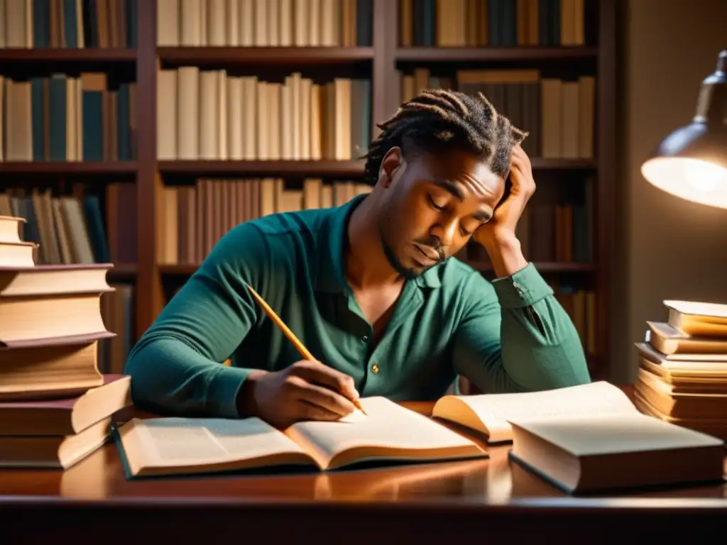 Retrato poético de personajes: Poeta inspirado, rodeado de libros y papeles, sumergido en la creatividad bajo la cálida luz de una lámpara