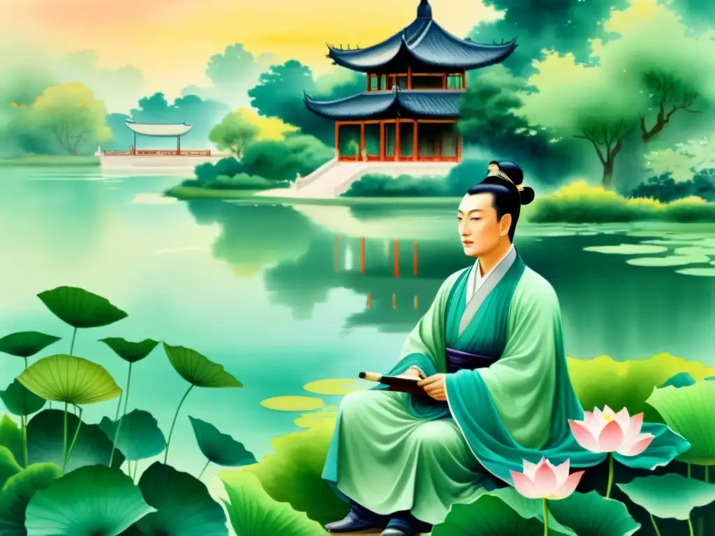 Retrato sereno en acuarela del emperador Xuanzong de la dinastía Tang, rodeado de jardines exuberantes y arquitectura elegante, reflejando su influencia en la poesía de la dinastía Tang