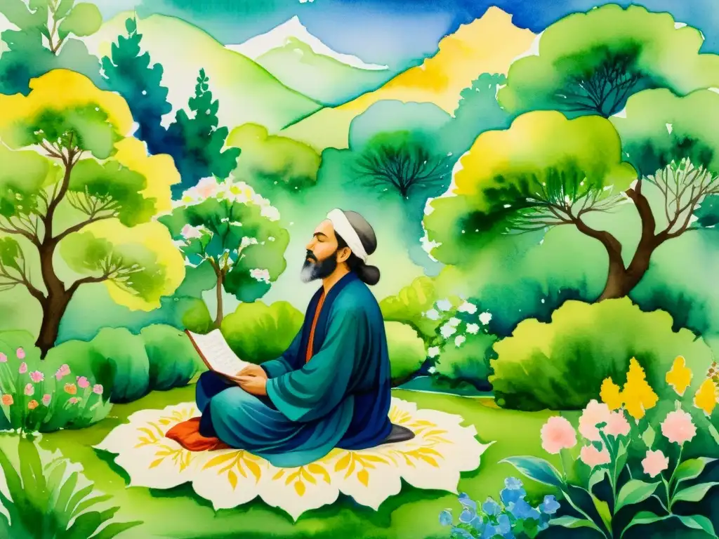 Retrato sereno de un poeta Sufi en meditación en un exuberante jardín, rodeado de flores y arroyos