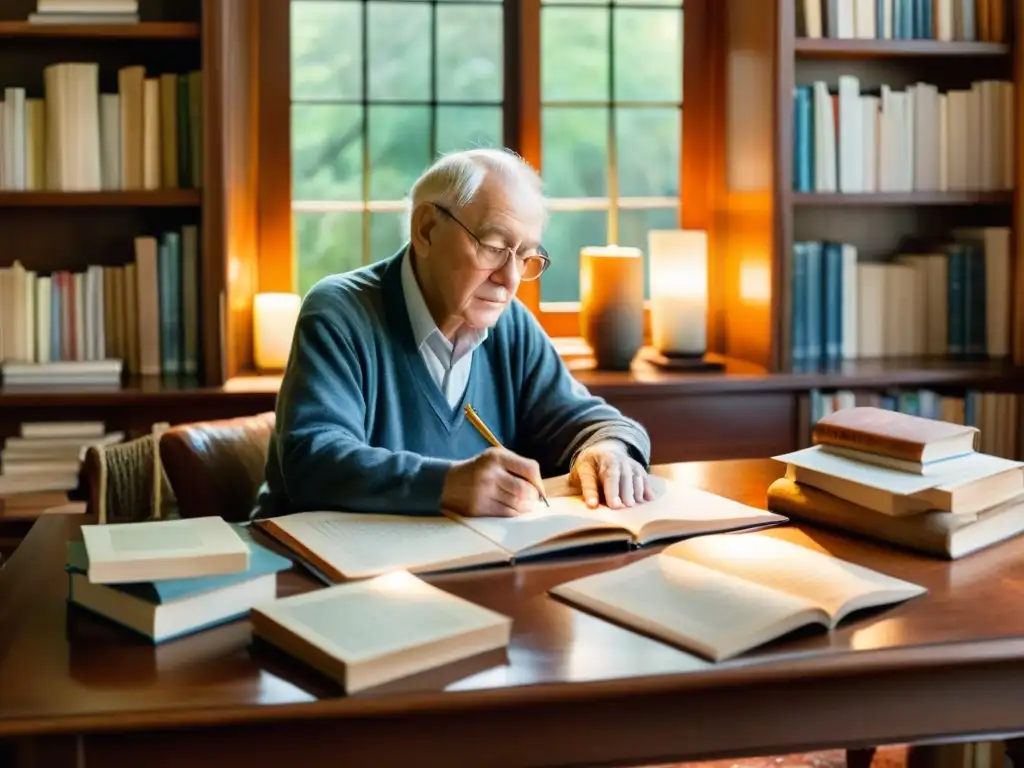 Retrato sereno de un poeta mayor en estudio acogedor, rodeado de libros y utensilios de escritura