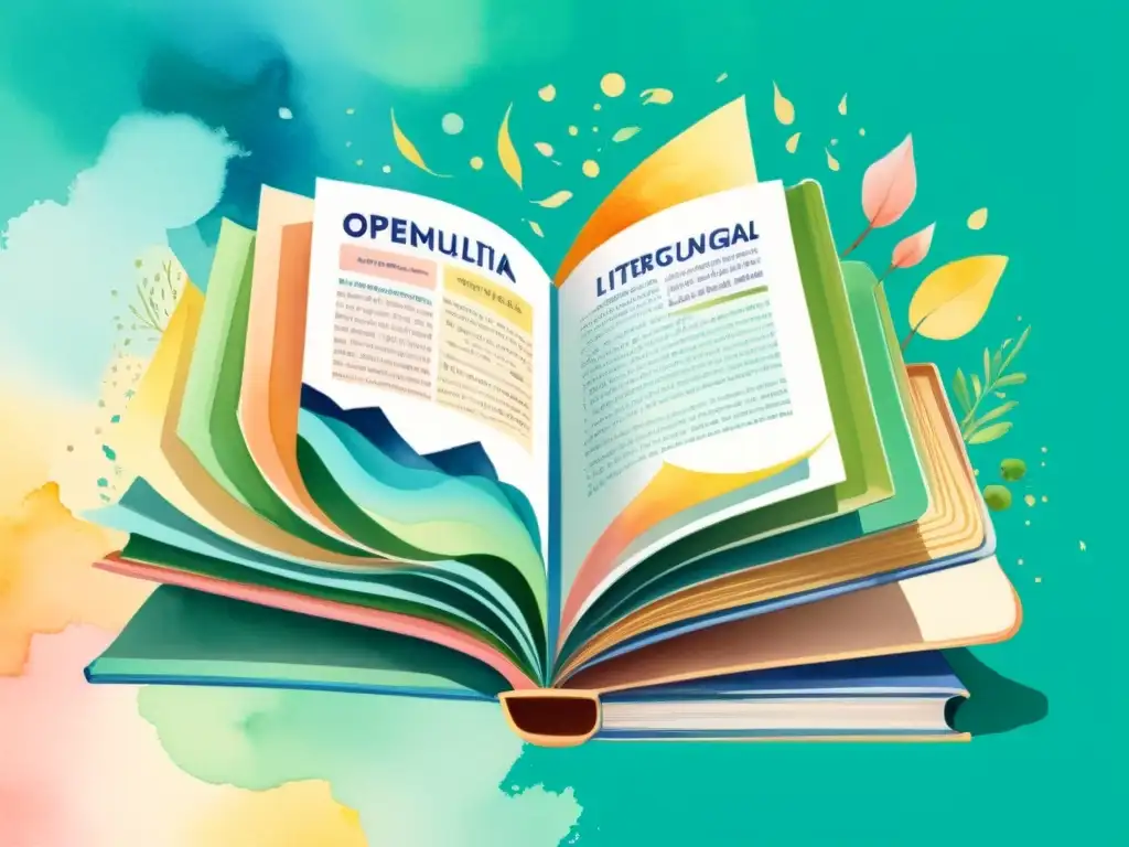 Una revista literaria multilingüe en línea rodeada de libros que representan diferentes idiomas y culturas, creando una atmósfera cálida e inclusiva