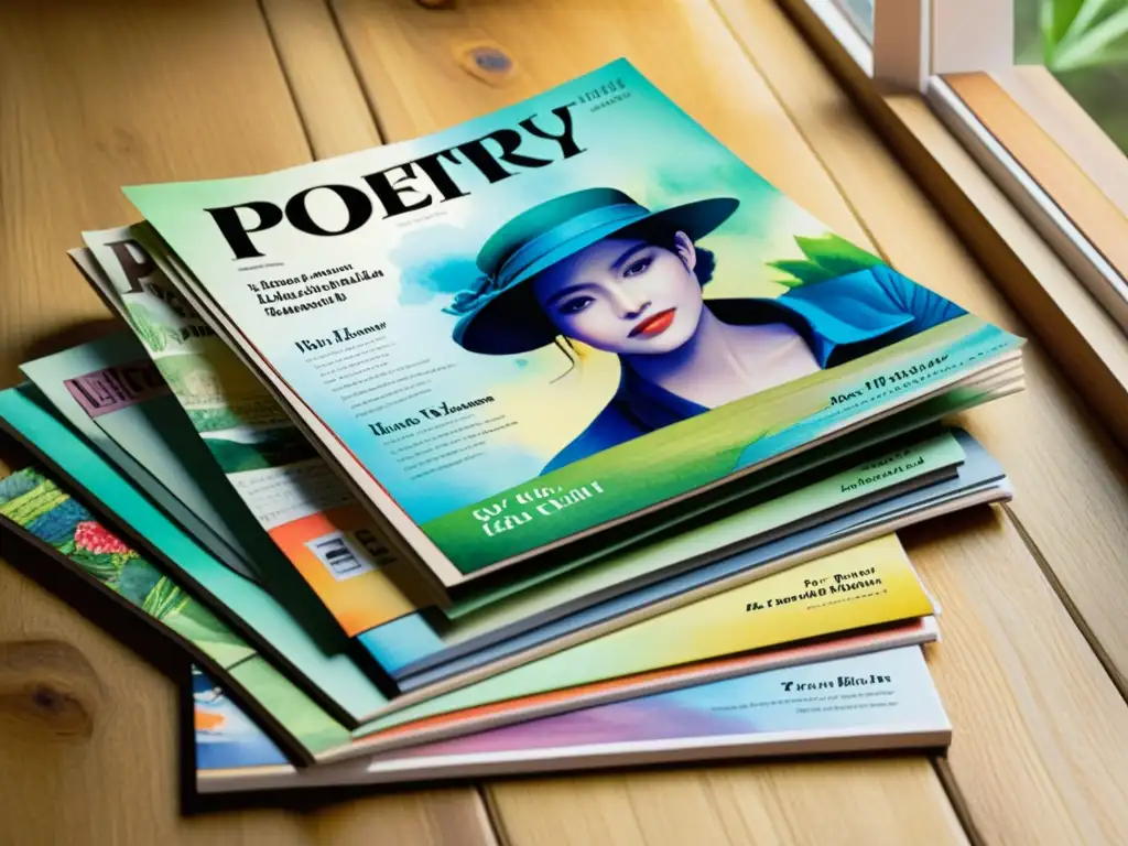 Revistas poesía formato multimedia aceptan: Pintura acuarela vibrante de revistas de poesía con arte digital y tradicional, iluminación suave