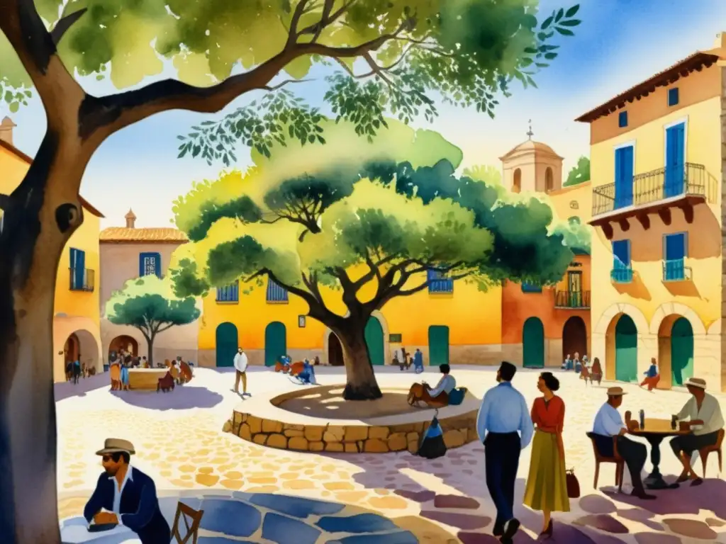 Revistas literarias Siglo de Plata: Pintura detallada de una animada plaza española con escritores y poetas en conversación bajo olivos centenarios