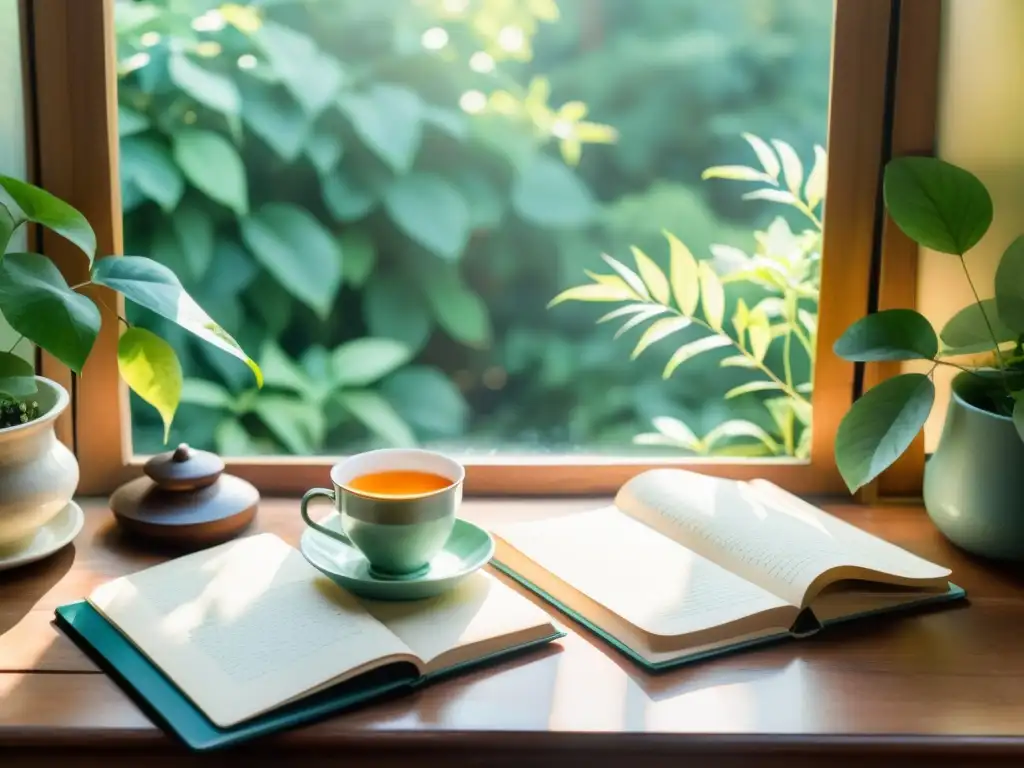 Un rincón acogedor de escritura bañado por la cálida luz del sol, con una taza de té humeante y ventana hacia un exuberante jardín