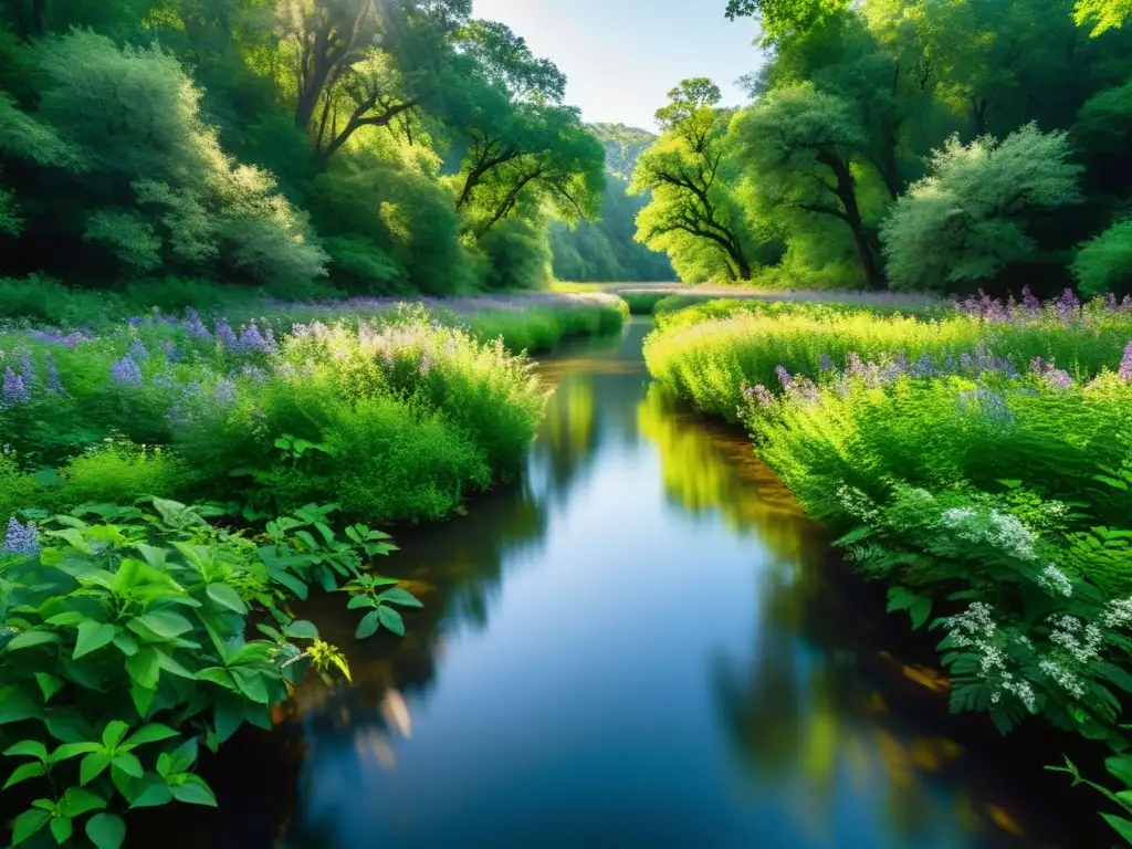 Un río tranquilo serpentea entre un exuberante bosque, reflejando la poesía naturaleza José Luis Sampedro en sus aguas y colores vibrantes