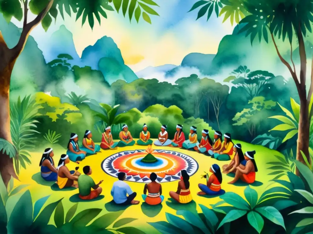 Rituales y cantos sagrados poesía: Pintura acuarela de ritual indígena en la selva, con gente, vestimenta colorida y naturaleza exuberante