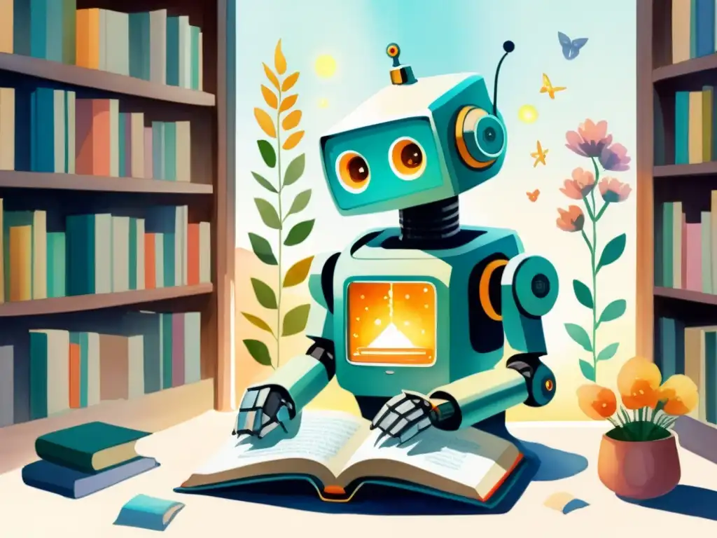 Un robot futurista con IA analiza poesía en una biblioteca acogedora