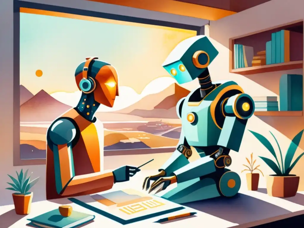 Un robot AI y un poeta colaboran en un estudio soleado, fusionando tecnología y arte con poesía