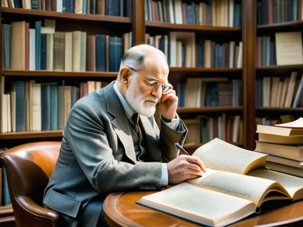 Sigmund Freud reflexiona sobre la interpretación simbología lírica, rodeado de libros en su estudio iluminado