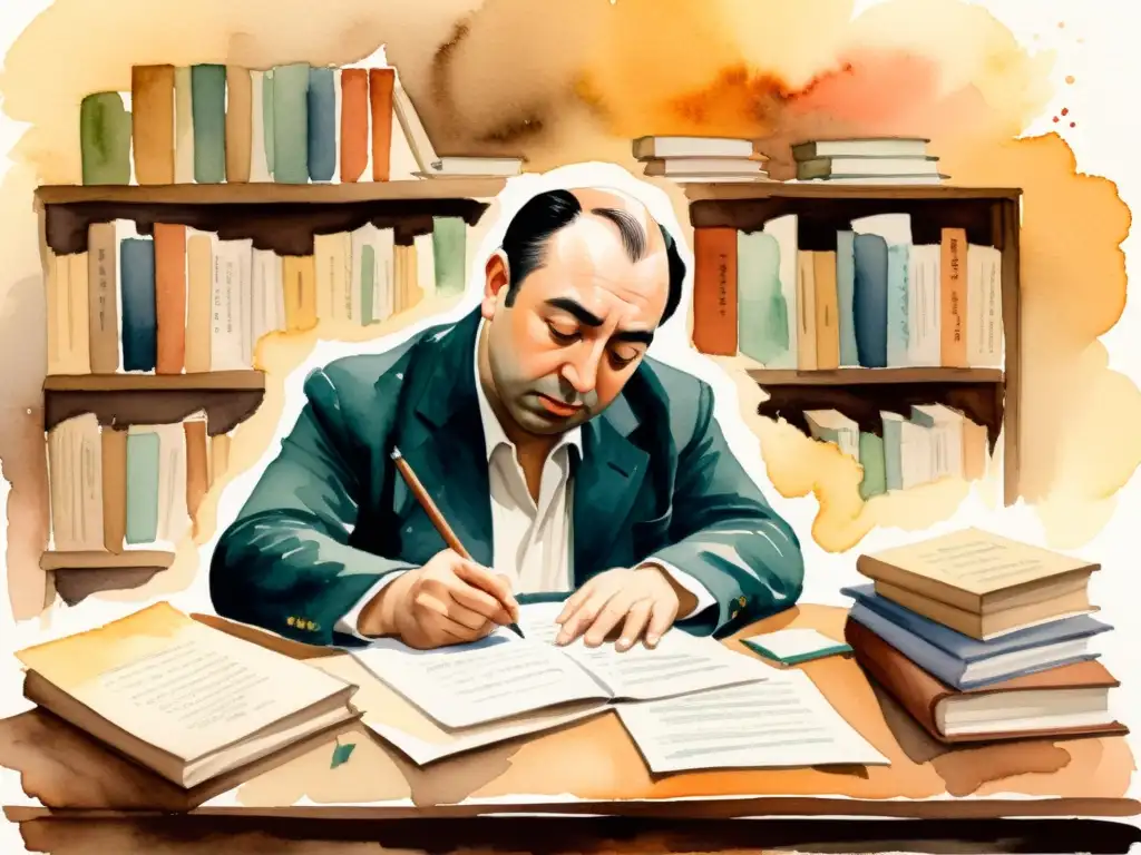 Pablo Neruda escribiendo apasionadamente rodeado de libros y papeles, evocando la creatividad y la introspección