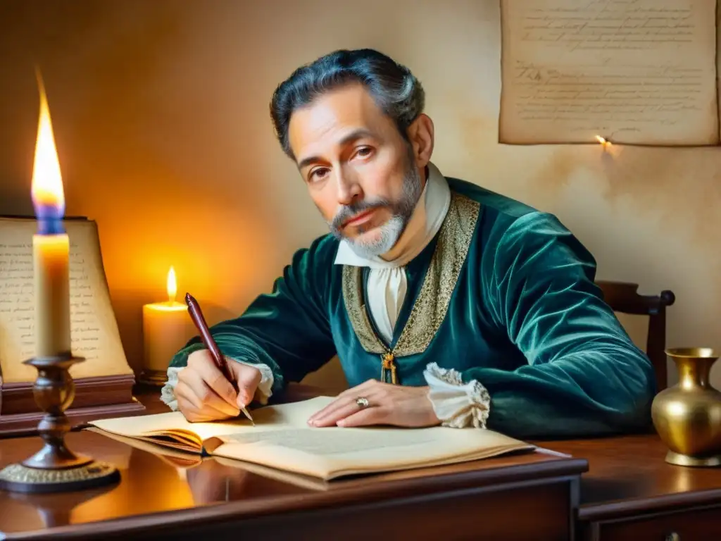 Miguel de Cervantes, rodeado de plumas y tinteros, escribe apasionadamente a la luz de las velas, capturando la esencia de la creatividad y la inspiración poética en una detallada acuarela