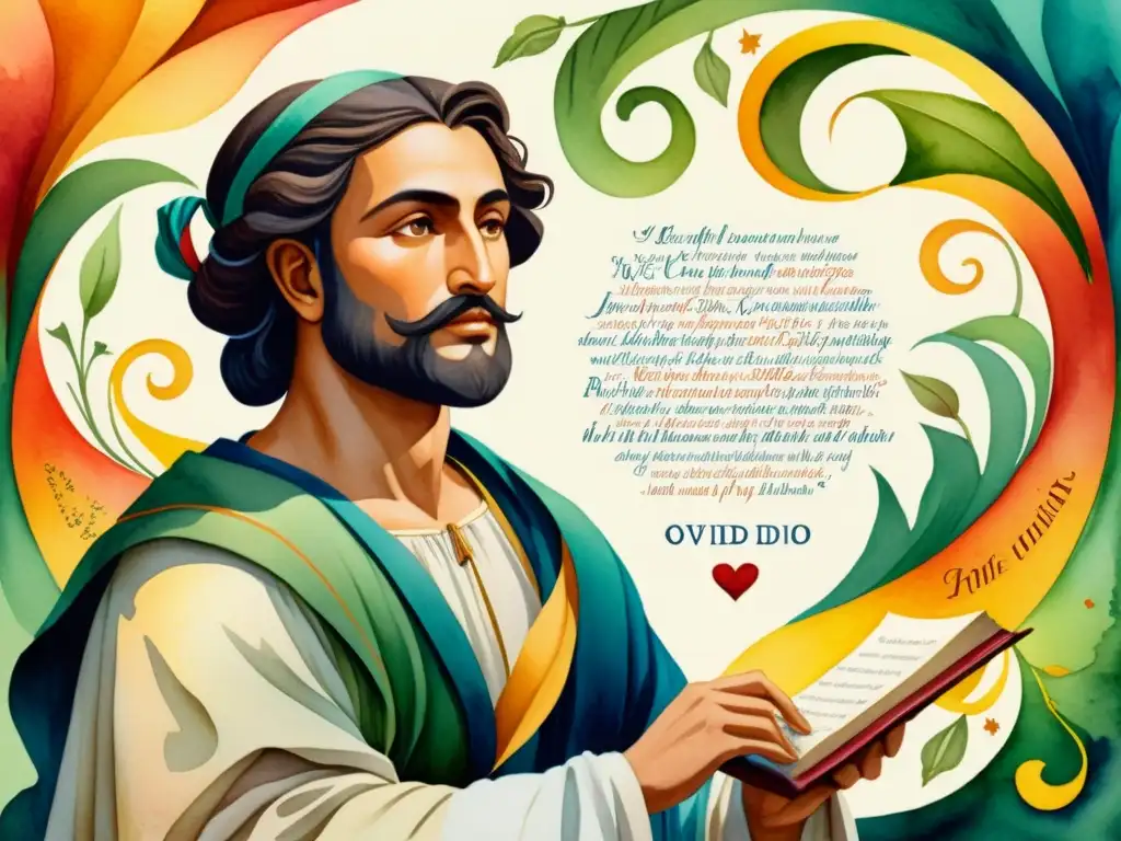 Una ilustración acuarela de Ovidio rodeado de versos poéticos, con colores vibrantes y detalles que capturan la esencia de sus enseñanzas poéticas renacidas