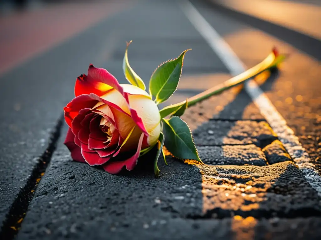 Una rosa roja florece en el pavimento urbano, simbolizando la poesía de la naturaleza en medio de la búsqueda en la ciudad