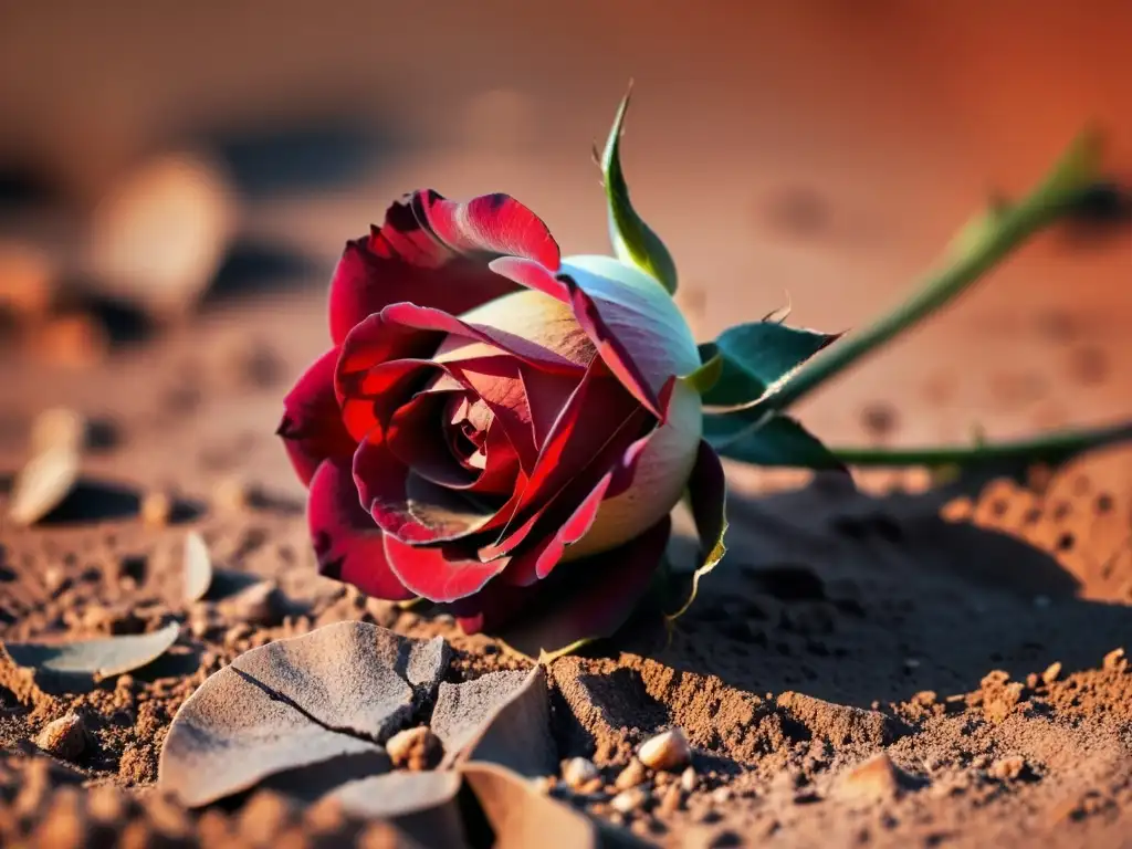 Una rosa roja emerge de la tierra seca y agrietada, irradiando esperanza y poesía inspiradora en tiempos difíciles