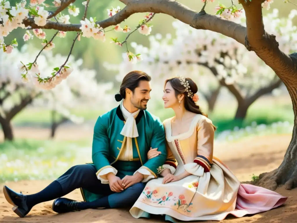 Romance bajo almendro en flor, poesía amorosa Siglo de Oro, pareja en trajes del siglo XVII, atmósfera romántica y serena