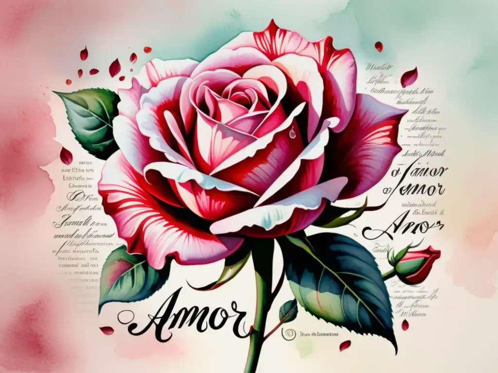 Una rosa delicada y vibrante con poema 'Amor' de Claribel Alegría en caligrafía